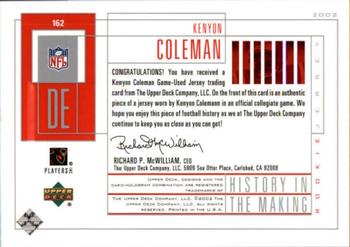 2002 UD Piece of History #162 Kenyon Coleman Back