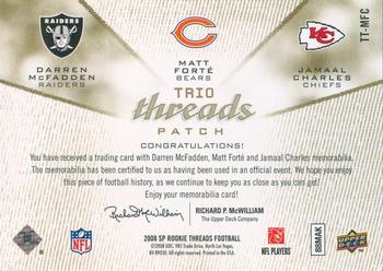 2008 SP Rookie Threads - Trio Threads Patch 20 #TT-MFC Darren McFadden / Matt Forte / Jamaal Charles Back