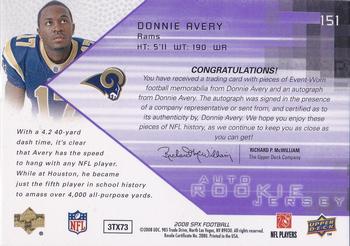 2008 SPx - Gold Holofoil Rookies #151 Donnie Avery Back