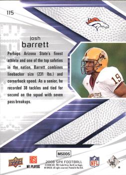 2008 SPx - Green Holofoil Rookies #115 Josh Barrett Back