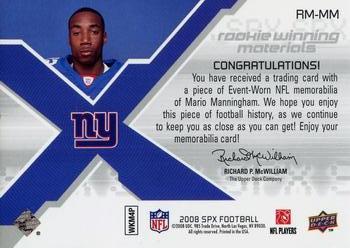 2008 SPx - Rookie Materials NFL Letters Dual Patch 50 #RM-MM Mario Manningham Back