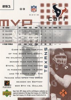 2002 Upper Deck MVP #251 David Carr Back