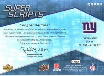 2008 SPx - Super Scripts Autographs #SSS53 Aaron Ross Back