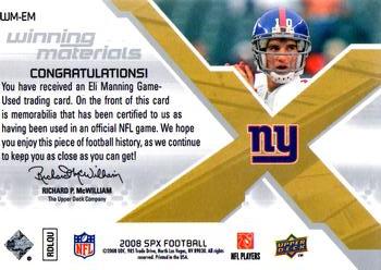 2008 SPx - Winning Materials AFC/NFC Dual 75 #WM-EM Eli Manning Back