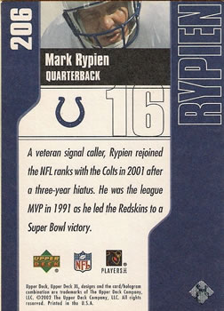 2002 Upper Deck XL #206 Mark Rypien Back