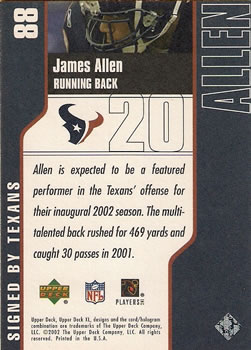 2002 Upper Deck XL #88 James Allen Back