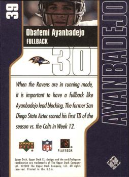 2002 Upper Deck XL #39 Obafemi Ayanbadejo Back