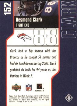 2002 Upper Deck XL #152 Desmond Clark Back