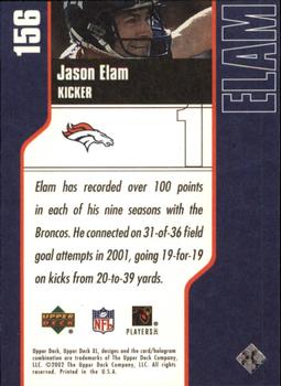 2002 Upper Deck XL #156 Jason Elam Back