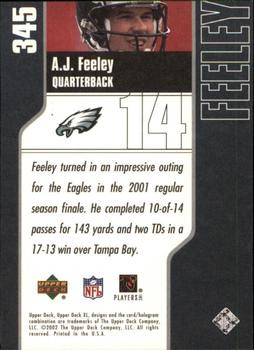 2002 Upper Deck XL #345 A.J. Feeley Back