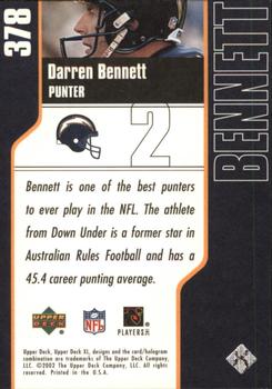 2002 Upper Deck XL #378 Darren Bennett Back