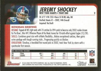2003 Bowman #2 Jeremy Shockey Back
