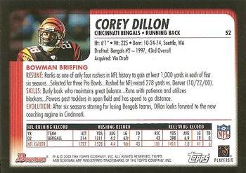2003 Bowman #52 Corey Dillon Back