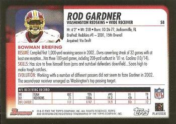 2003 Bowman #58 Rod Gardner Back