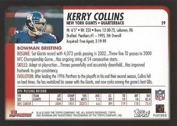2003 Bowman #59 Kerry Collins Back