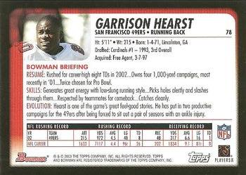 2003 Bowman #78 Garrison Hearst Back