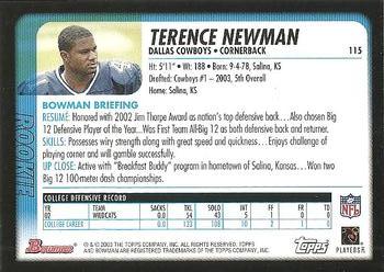 2003 Bowman #115 Terence Newman Back