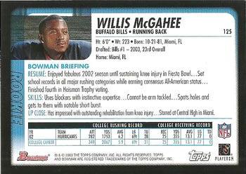 2003 Bowman #125 Willis McGahee Back