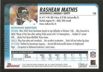 2003 Bowman #126 Rashean Mathis Back