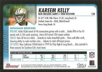 2003 Bowman #138 Kareem Kelly Back
