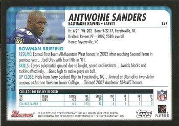 2003 Bowman #157 Antwoine Sanders Back