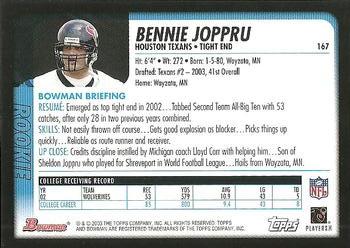 2003 Bowman #167 Bennie Joppru Back