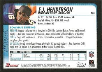 2003 Bowman #170 E.J. Henderson Back
