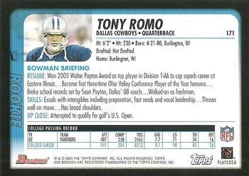 2003 Bowman #171 Tony Romo Back