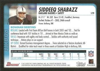 2003 Bowman #179 Siddeeq Shabazz Back