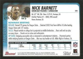2003 Bowman #191 Nick Barnett Back