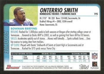 2003 Bowman #195 Onterrio Smith Back