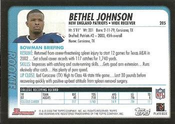 2003 Bowman #205 Bethel Johnson Back