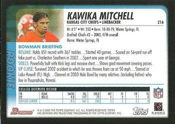 2003 Bowman #216 Kawika Mitchell Back
