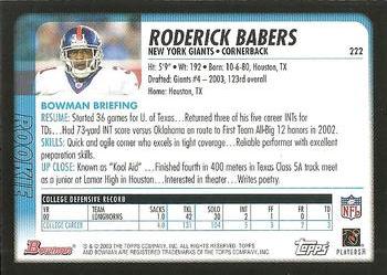 2003 Bowman #222 Roderick Babers Back