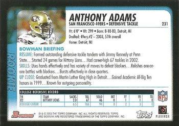 2003 Bowman #231 Anthony Adams Back