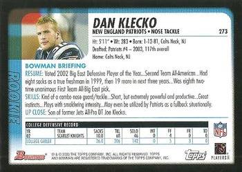 2003 Bowman #273 Dan Klecko Back