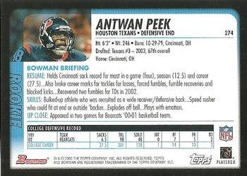 2003 Bowman #274 Antwan Peek Back