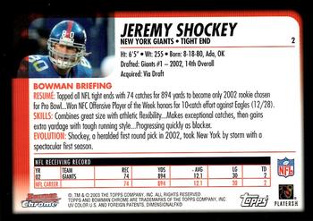 2003 Bowman Chrome #2 Jeremy Shockey Back