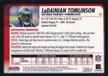 2003 Bowman Chrome #21 LaDainian Tomlinson Back