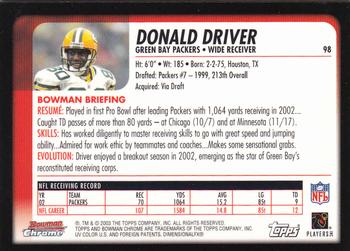 2003 Bowman Chrome #98 Donald Driver Back