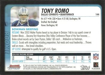 2003 Bowman Chrome #144 Tony Romo Back