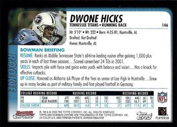 2003 Bowman Chrome #146 Dwone Hicks Back