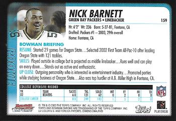 2003 Bowman Chrome #159 Nick Barnett Back