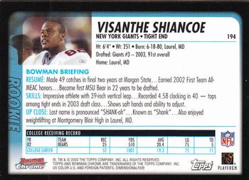 2003 Bowman Chrome #194 Visanthe Shiancoe Back