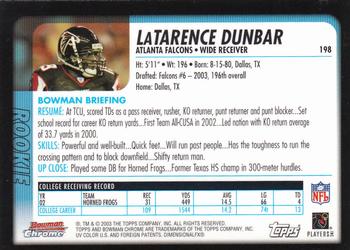 2003 Bowman Chrome #198 LaTarence Dunbar Back