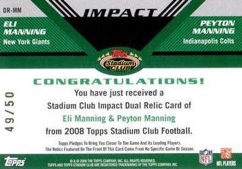 2008 Stadium Club - Impact Relics Dual #DR-MM Eli Manning / Peyton Manning Back