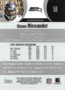 2003 Bowman's Best #58 Shaun Alexander Back