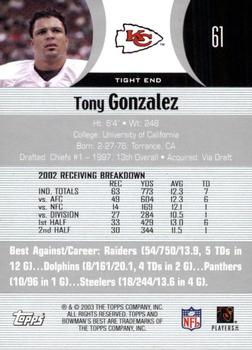 2003 Bowman's Best #61 Tony Gonzalez Back