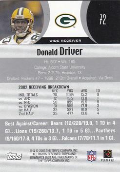 2003 Bowman's Best #72 Donald Driver Back