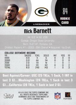 2003 Bowman's Best #84 Nick Barnett Back